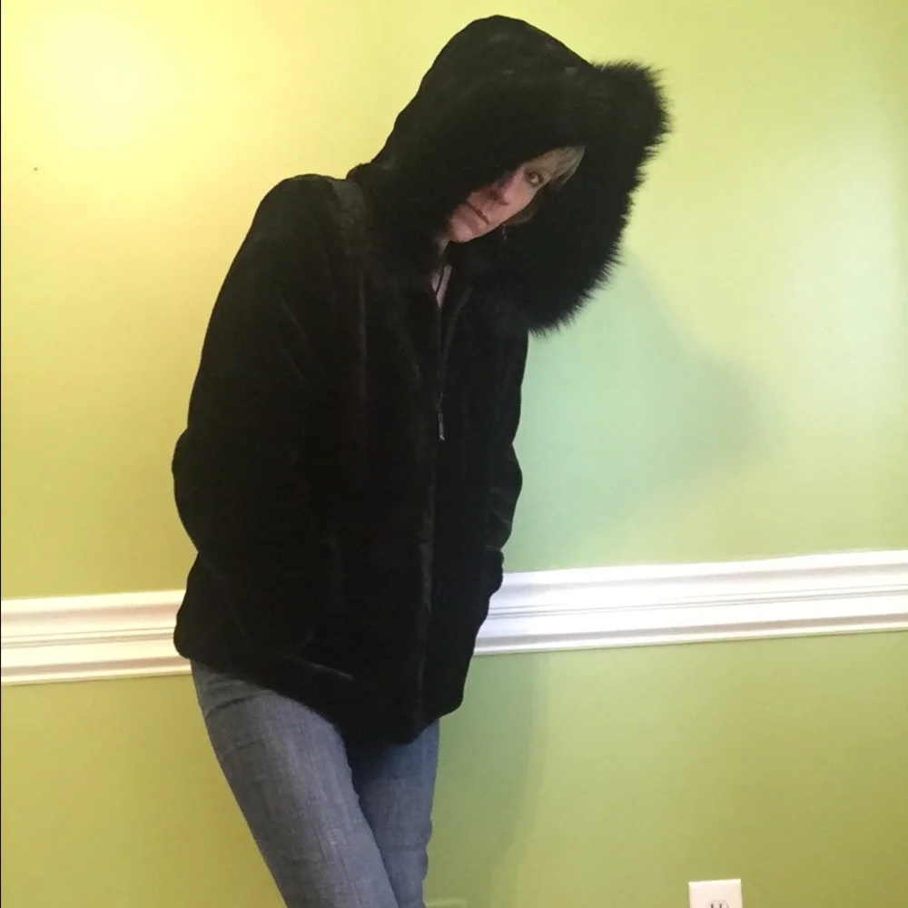 Calvin Klein Faux Fur Reversible Coat with Fox Trimmed Hood